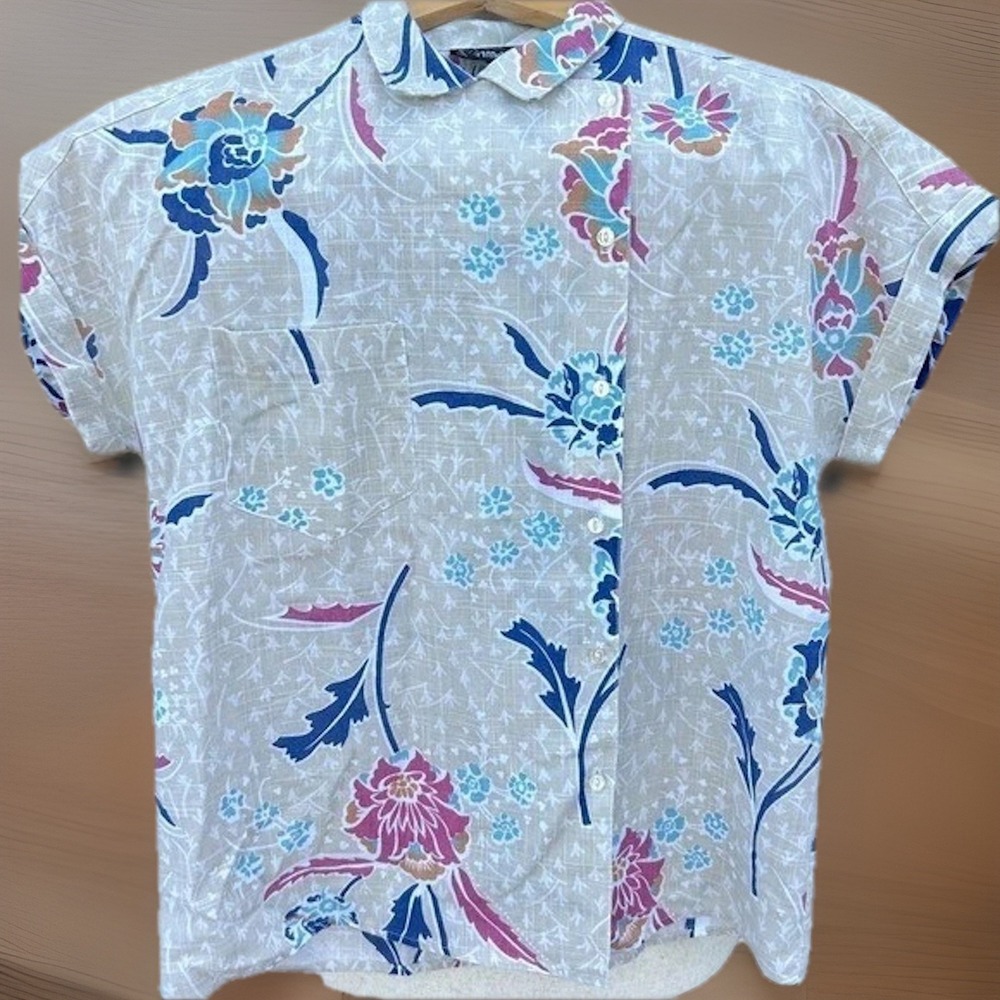 Womens Vintage 80s 90s Floral Button Up Tan Blue Asymmetrical Amanda 12